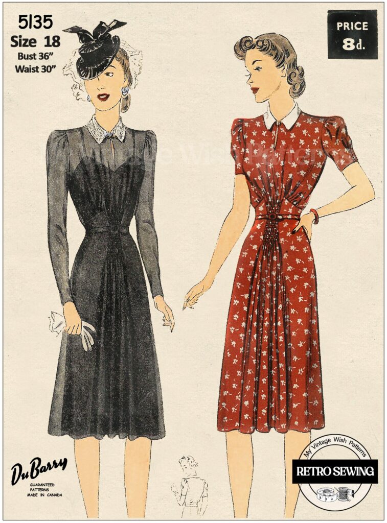 1940s Tea Dress Schnittmuster: Geraffte Taille, abnehmbarer Kragen (PDF Pattern)