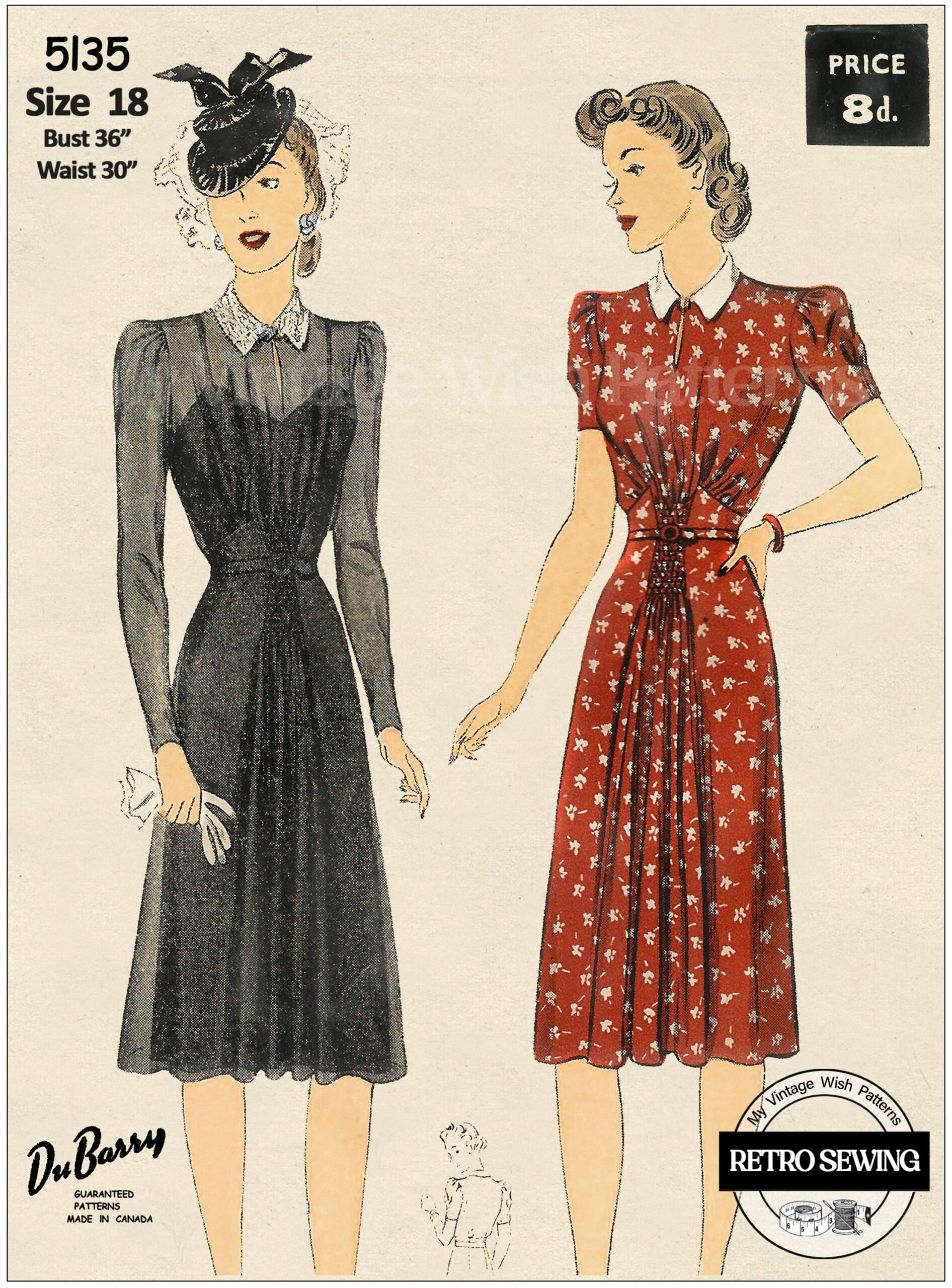 1940s Tea Dress Schnittmuster: Geraffte Taille, abnehmbarer Kragen (PDF Pattern)