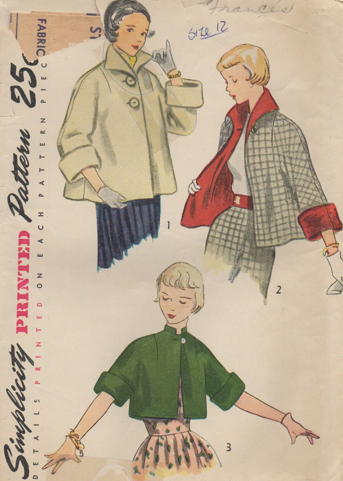 1950 Vintage Schnittmuster B30″ TOPPER JACKET (1294) Einfachheit 3463