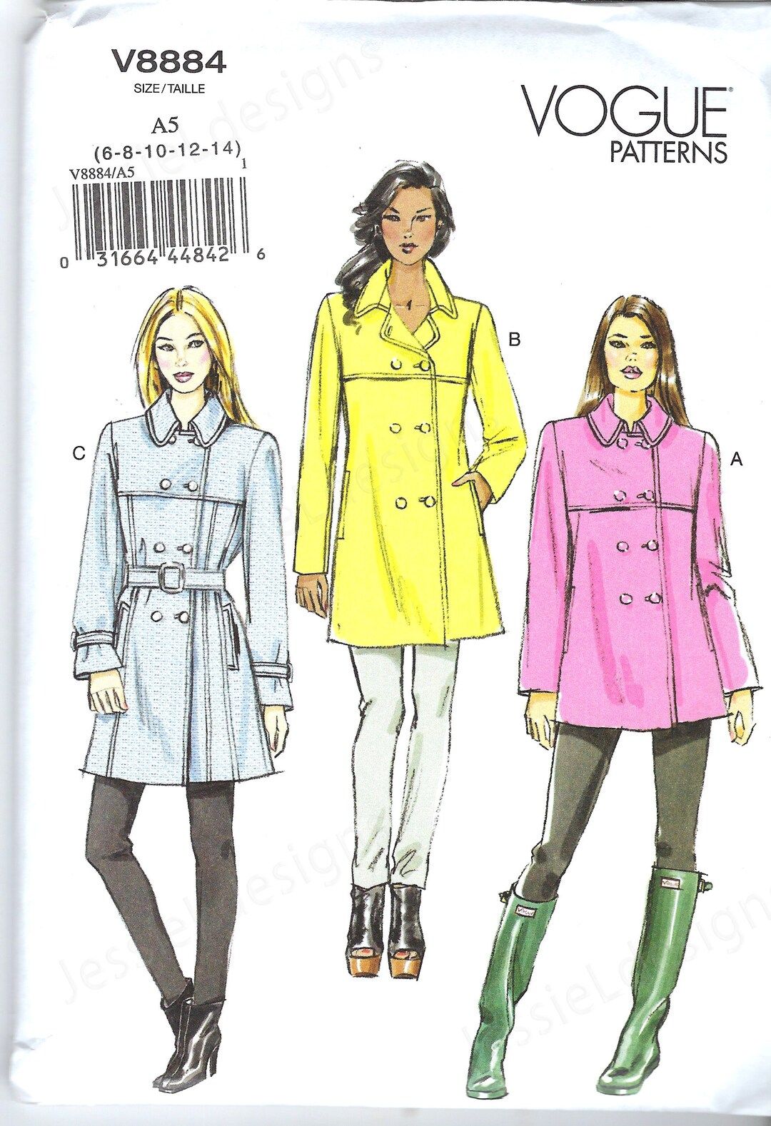 Uncut Vogue Sewing Pattern 8884 Coat, Double Breasted W Belt, Yoke, Two Lengths, Trench Style Light Rain Jacket Size 6-8-10-12-14 14-22 FF – Etsy