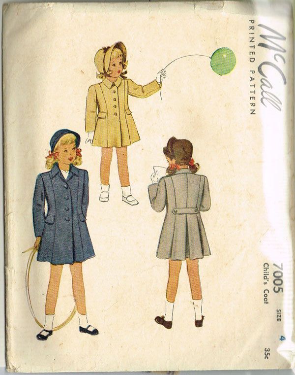 1940s Vintage Toddler Girls Coat 1947 McCall VTG Sewing Pattern 7005 Size 4 23B