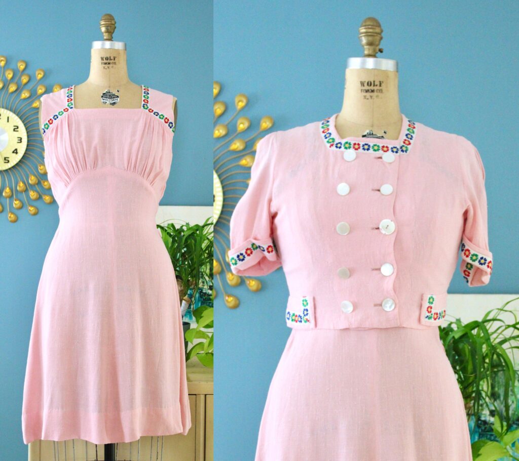 Vintage 1930er/1940er Jahre 2tlg. Kleiderset // 30er/40er Jahre rosa Sommerkleid und kurze Jacke mit floraler Borte // S