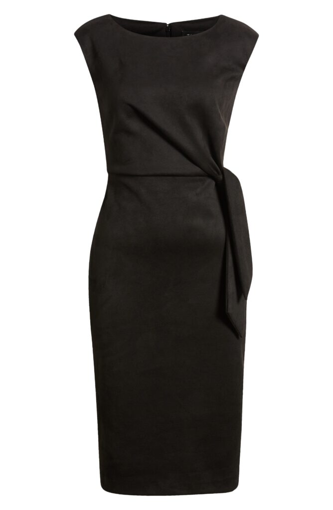 Tahari ASL Side Tie Sleeveless Microsuede Sheath Dress in Black at Nordstrom, Size 2