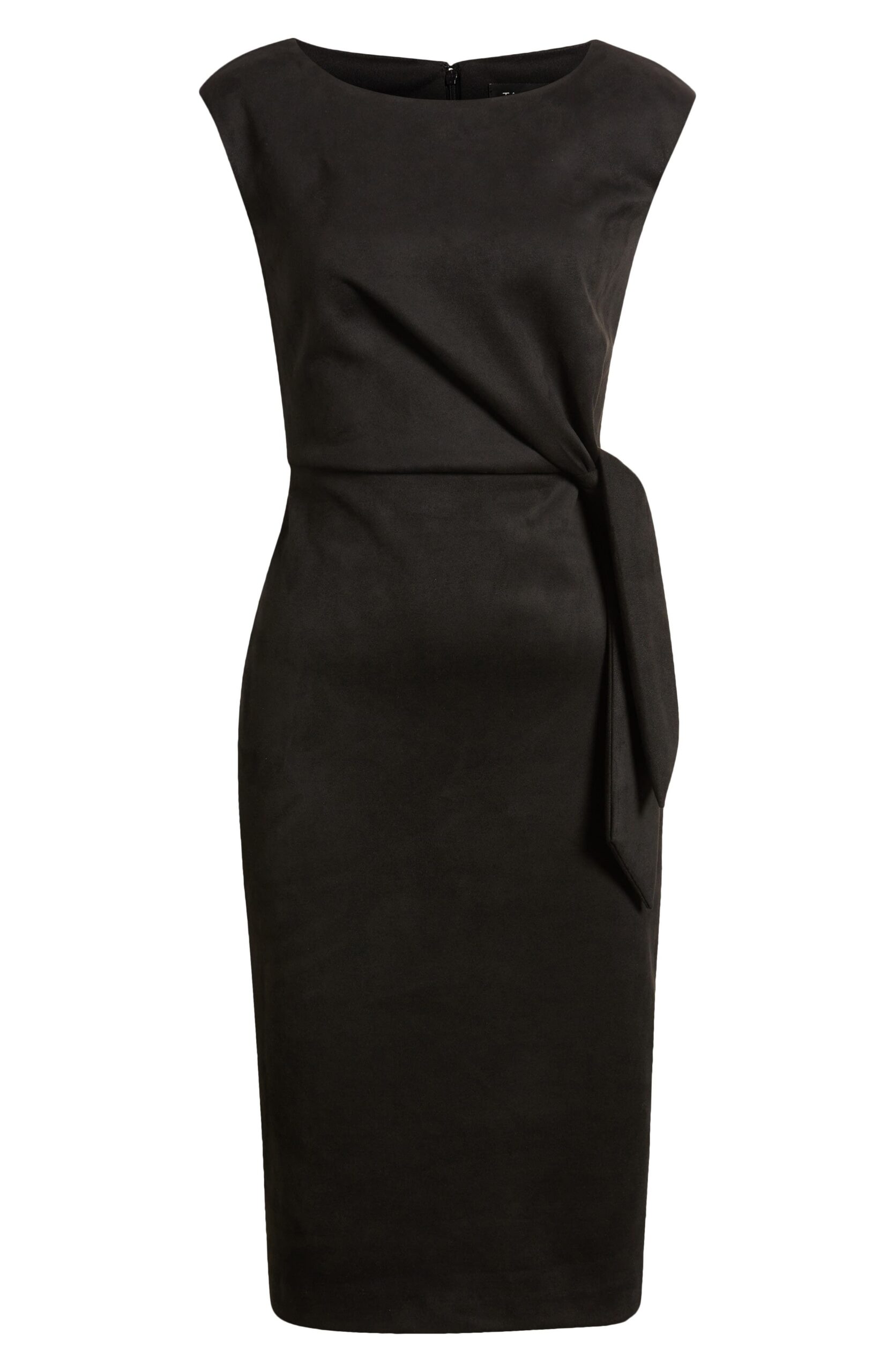 Tahari ASL Side Tie Sleeveless Microsuede Sheath Dress in Black at Nordstrom, Size 2