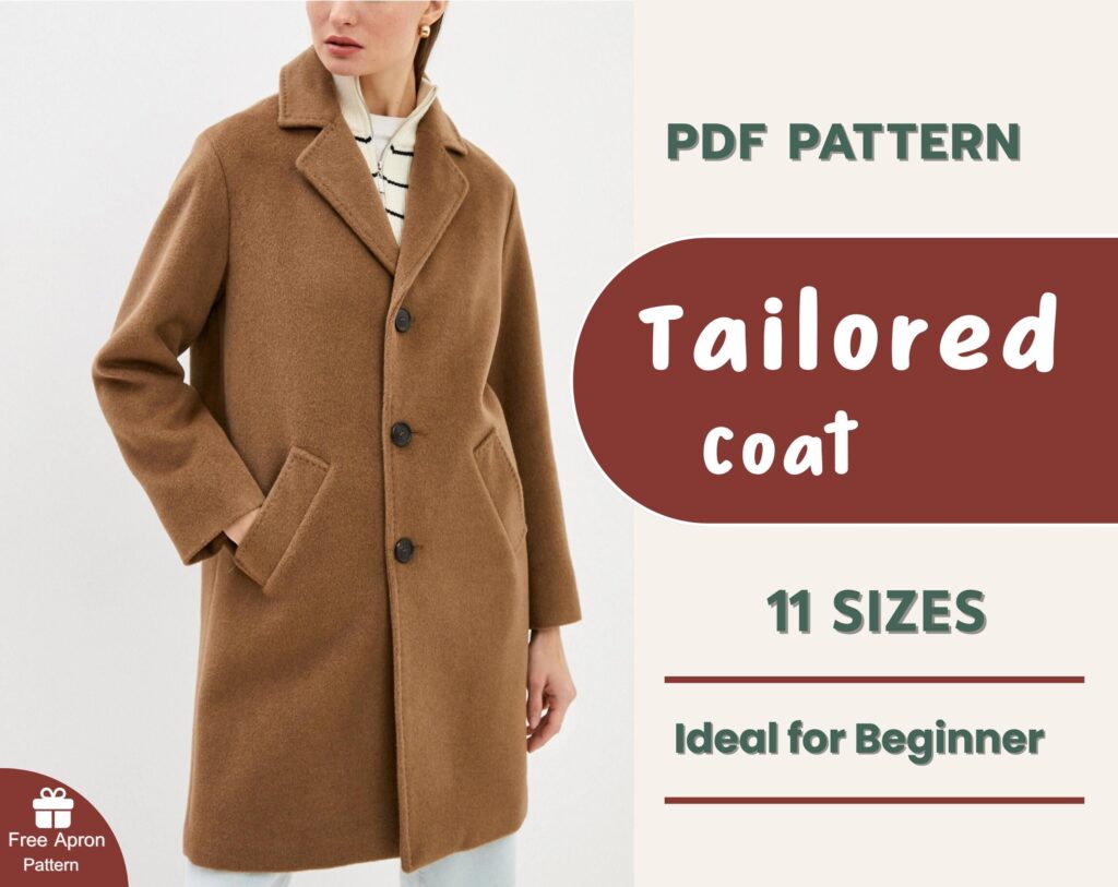 Maßgeschneiderter Mantel Schnittmuster für Anfänger | Damen Klassischer Wintermantel | Langer Wollmantel Muster | Einfacher PDF Download | 11 Größen
