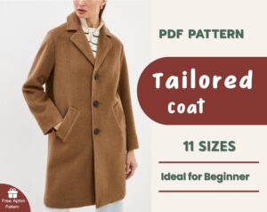 Maßgeschneiderter Mantel Schnittmuster für Anfänger | Damen Klassischer Wintermantel | Langer Wollmantel Muster | Einfacher PDF Download | 11 Größen