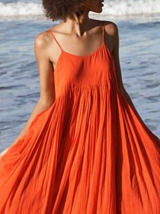 Orange Red Swing Spaghetti Cotton Holiday Dress