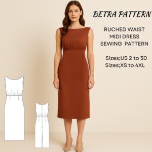 Geraffte Taille Midi Kleid Schnittmuster , U-Boot-Ausschnitt (A0, A4, US Letter) (XS-4XL)