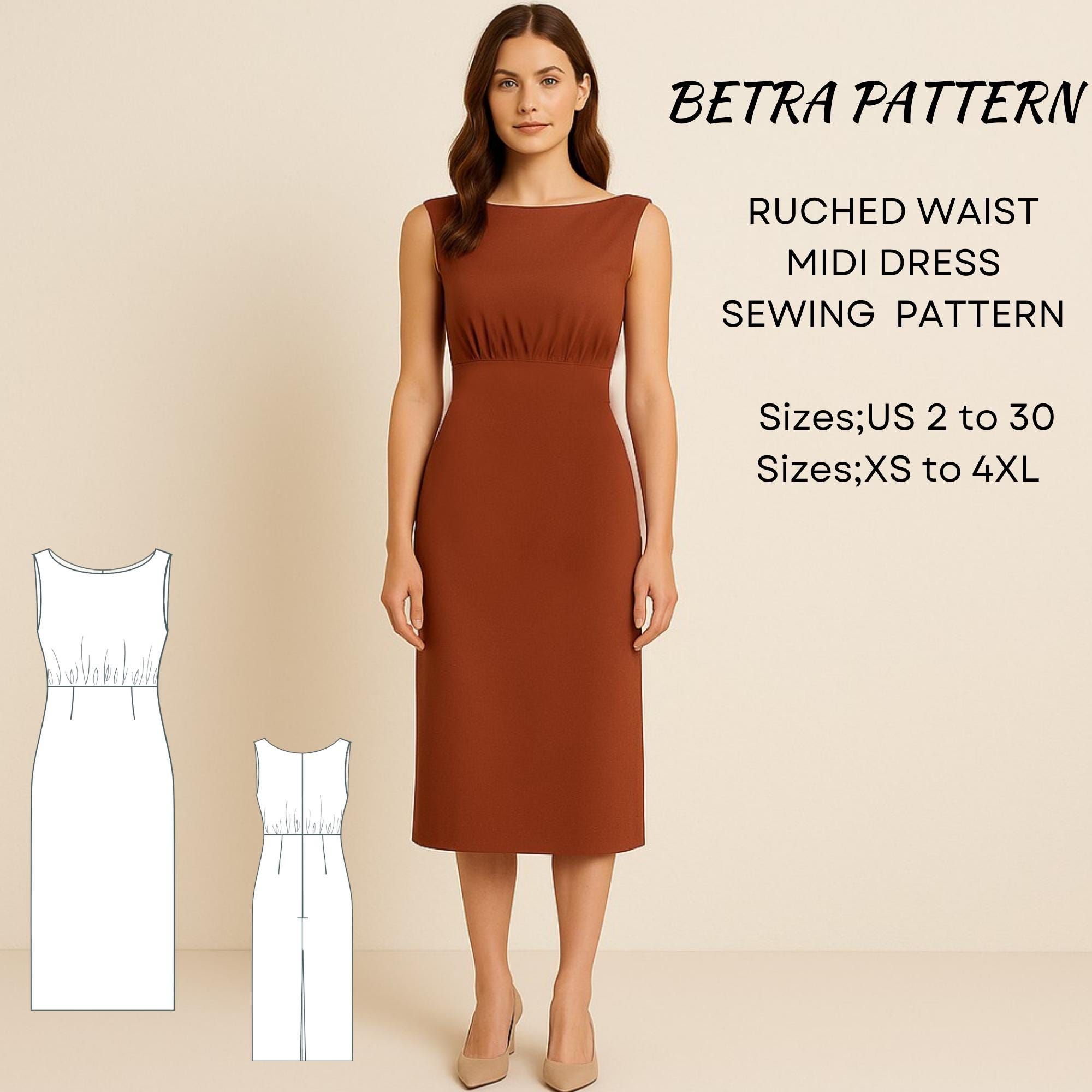 Geraffte Taille Midi Kleid Schnittmuster , U-Boot-Ausschnitt (A0, A4, US Letter) (XS-4XL)