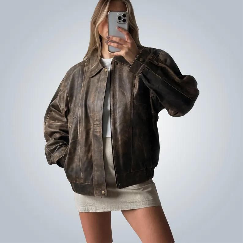 1980er 90er Jahre Übergroße Retro Distressed Braun Vintage Handgefertigte Echtlederjacke Damen Streetwear Loose Fit Boxy Ledermantel, Damengeschenk