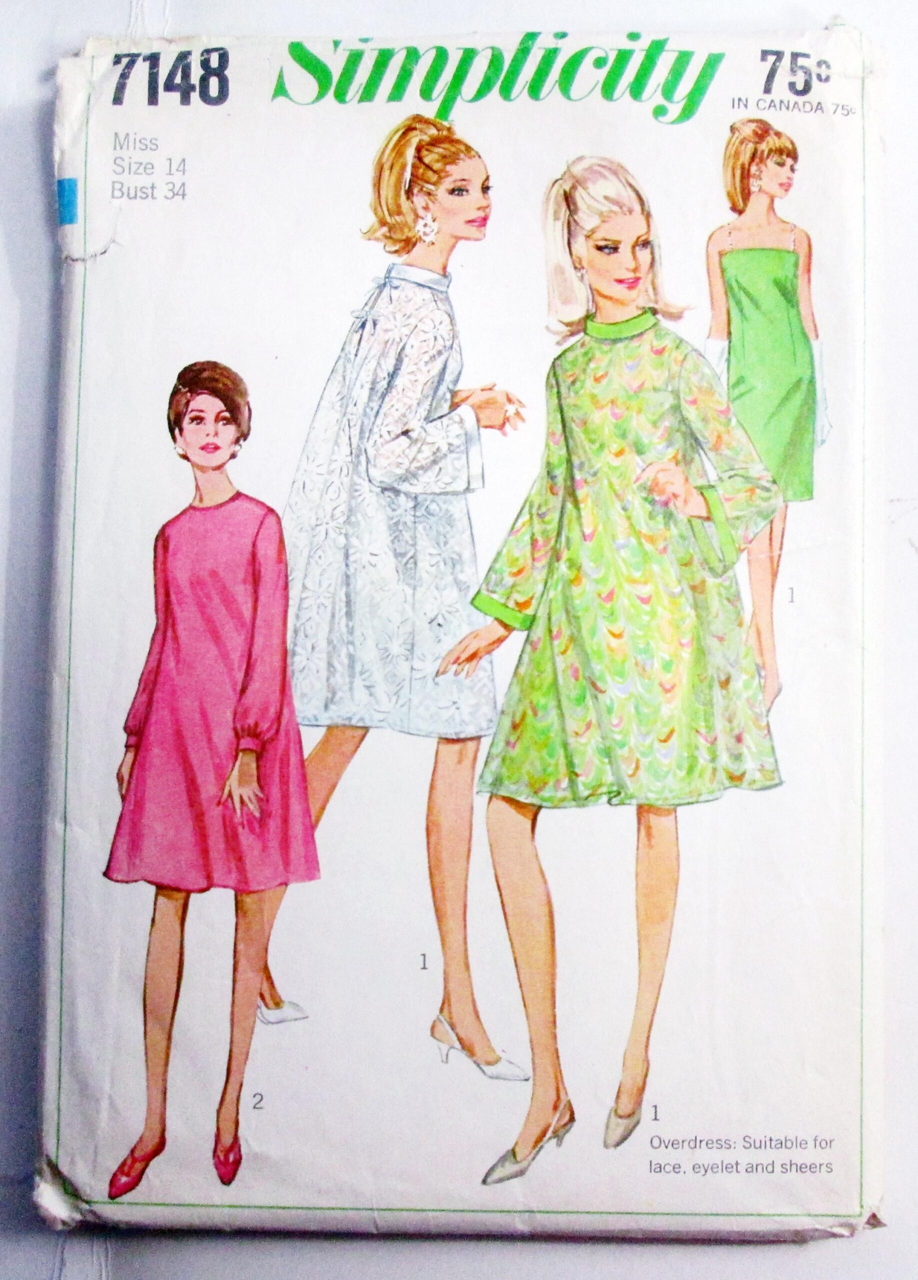 1960s Slip Dress Loose fitting Flared fitted sleeveless cocktail Hostess tent vintage sewing pattern Simplicity 7148 Size 14 Bust 34″