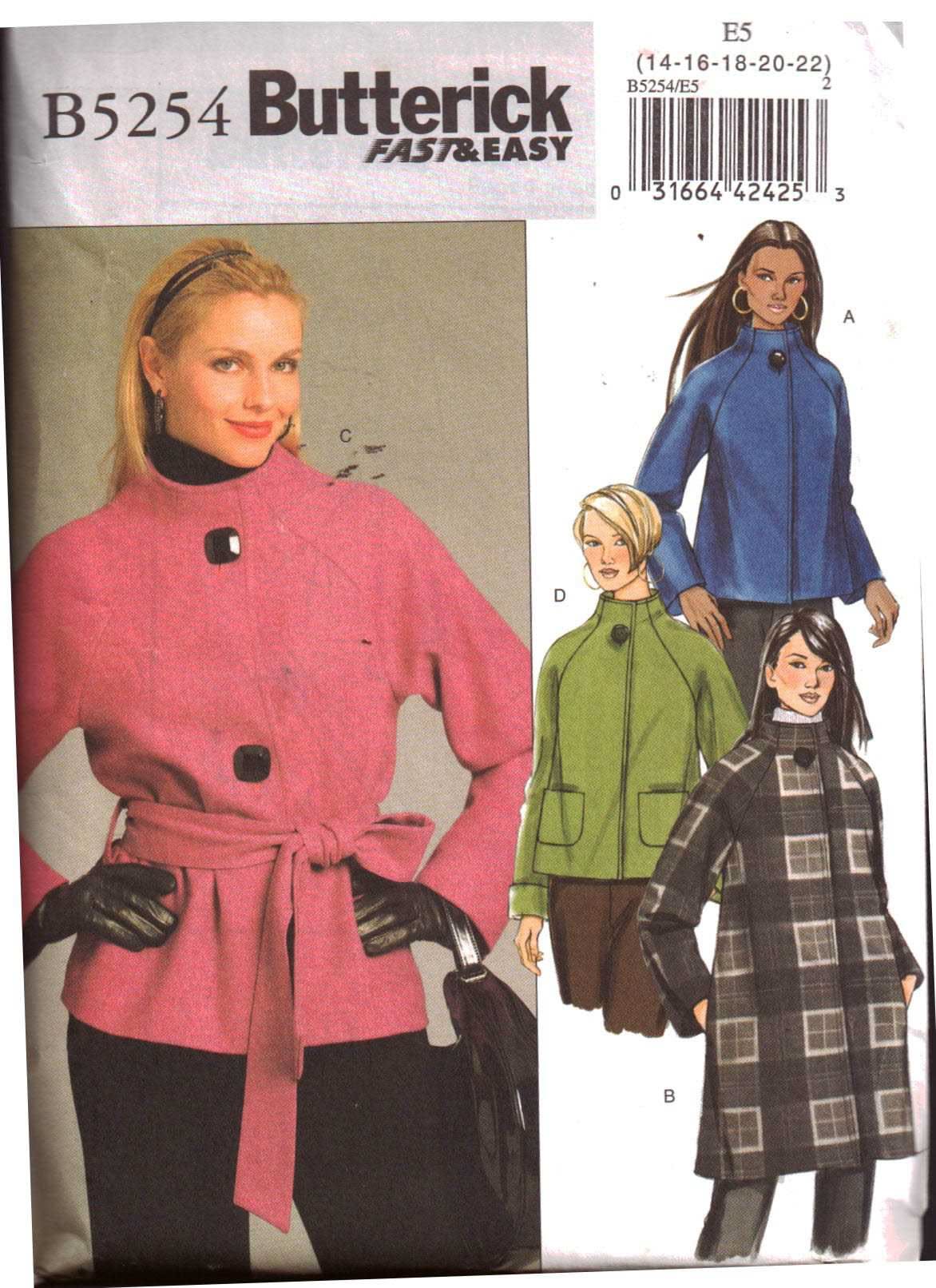 Butterick B5254 Coat, Jacket Size: E5 14-16-18-20-22 Uncut Sewing Pattern