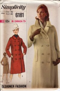 1965 Simplicity 6181. Designer Fashion. Misses’ Coat. Bust 36″