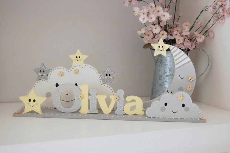 Moon and Stars Nursery Sign, Personalised Children’s Name Sign – Etsy