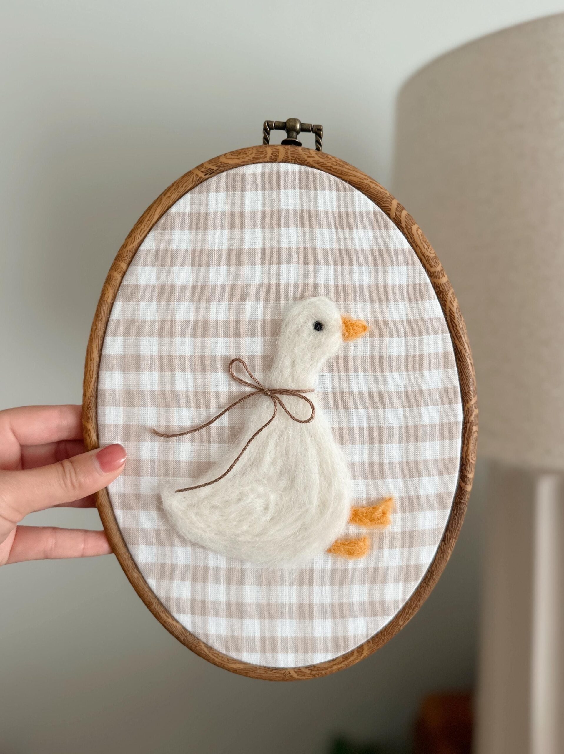 Felted Sitting Goose Nursery Wall Art – Handmade Needle Felt Embroidery Hoop – Heirloom Baby Room Décor