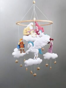 Crib baby mobile shower gift, felt mobile boy girl nursery hanging decor, Hercules Pegasus Zeus Hera cloud Greek myths baby mobile FloreenHM