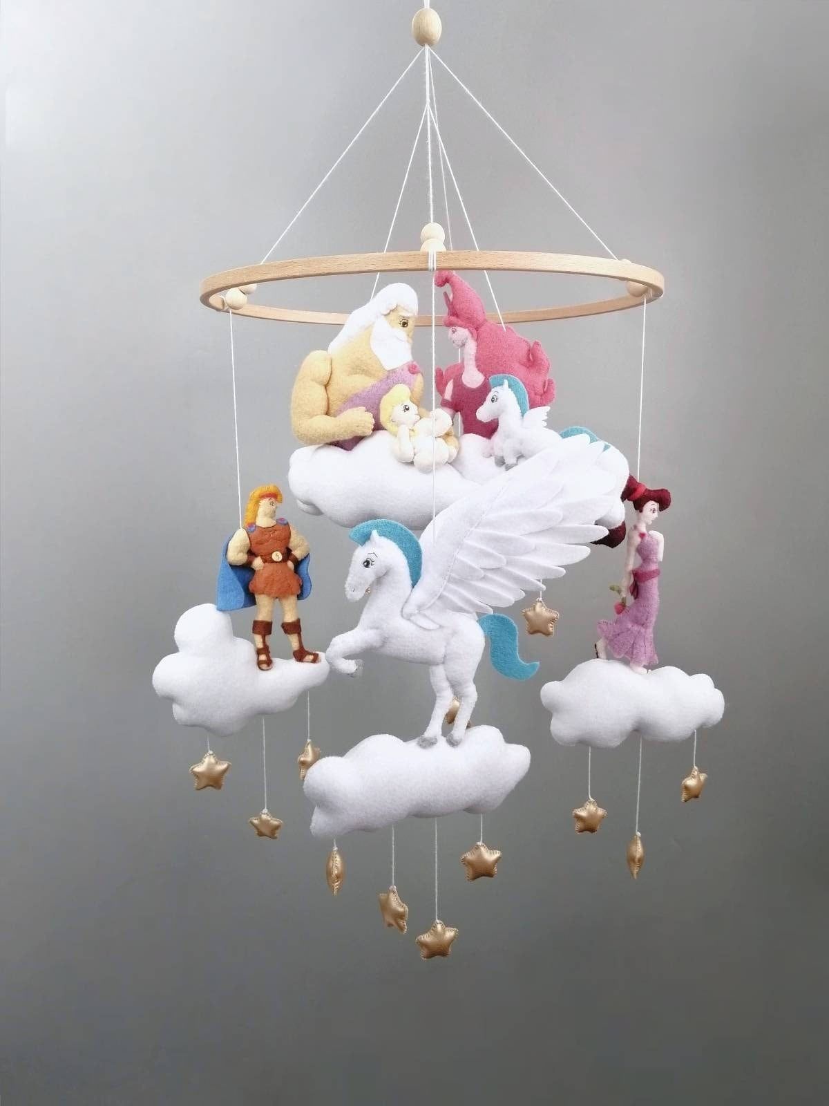 Crib baby mobile shower gift, felt mobile boy girl nursery hanging decor, Hercules Pegasus Zeus Hera cloud Greek myths baby mobile FloreenHM