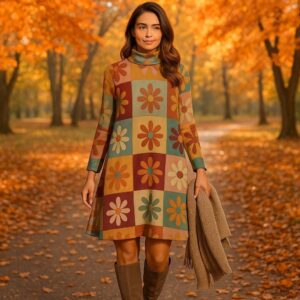 Retro Floral Turtleneck Dress, Long Sleeve Autumn Tunic, Vintage 70s Inspired Swing Dress, Colorful