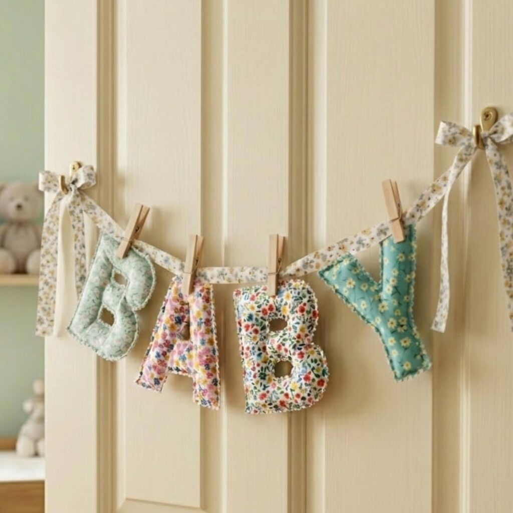 Kundenspezifisches Baby-Namensschild, gestepptes Gewebe-Buchstabengirlande, klassisches Blumenkinderzimmerdekor