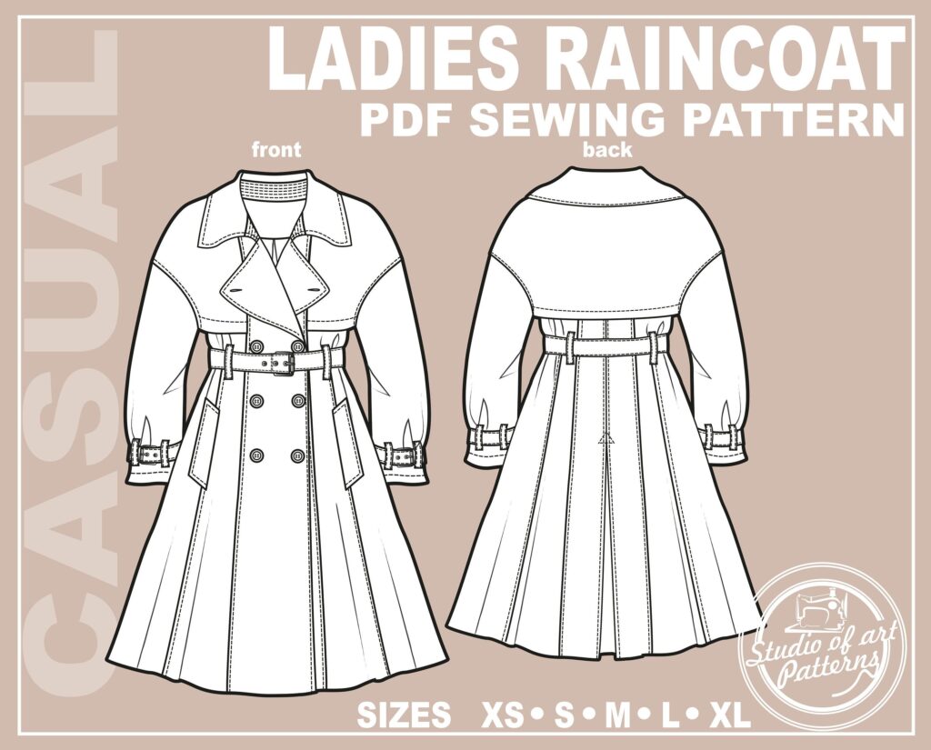 Schnittmuster Damen Regenjacke: Zweireihiger Midi Trench (PDF Digital Download, 5 Grössen XS-XL, A4 Print-at-home/A0 Plotter Format)