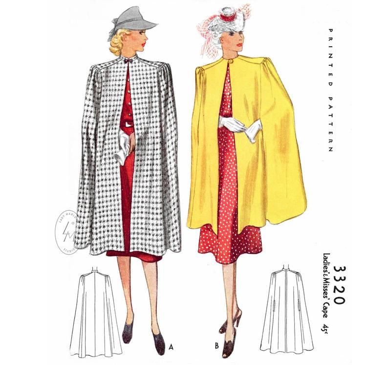 1930s 1940s Vintage Women’s Sewing Pattern Cape Day or Evening // // 2 Lengths // PICK YOUR SIZE Small Medium Large – Etsy