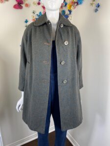 60s Tweed Wool Coat Vintage Winter Fall Houndstooth Overcoat 1960s Blue Brown Long Dress Coat Mod Classic Minimalist Coat – S