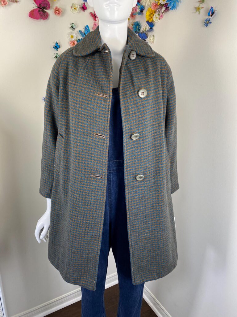 60s Tweed Wool Coat Vintage Winter Fall Houndstooth Overcoat 1960s Blue Brown Long Dress Coat Mod Classic Minimalist Coat – S