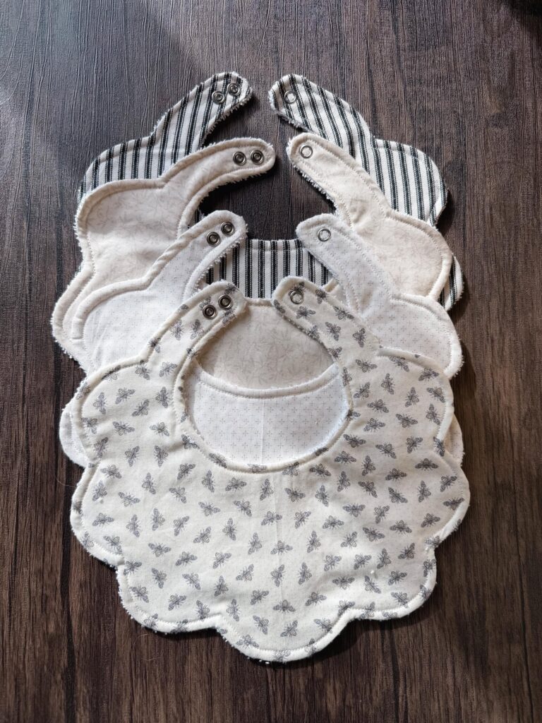 Handmade Classic Neutral Scalloped Cotton Baby Bibs – White & Natural Tones, Set of 4