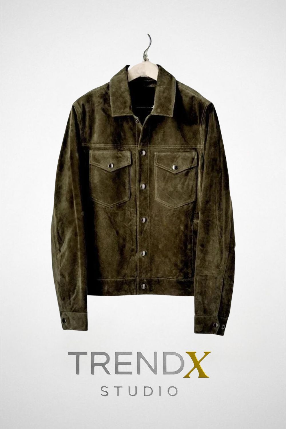 Men’s Olive Suede Trucker Jacket – Lightweight Vintage Calf Leather Coat
