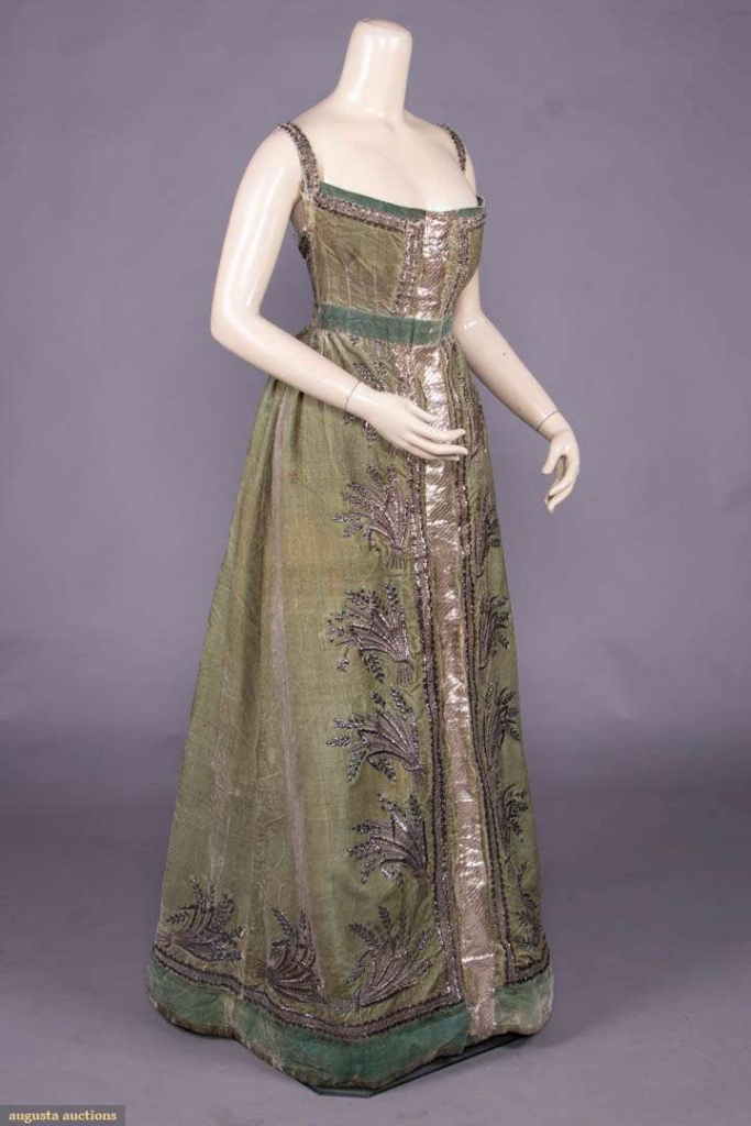 Augusta Auctions – SILVER EMBROIDERED SARAFAN STYLE GOWN, EARLY 19TH C.