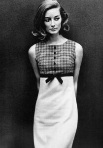 Tania Mallet in empire-line dress by Sambo for Dollyrockers, photo by John French, Dec, 1963