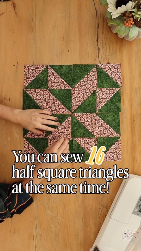 How to sew 16 half square triangles at one time! A fun sewing hack for you to try 🪡