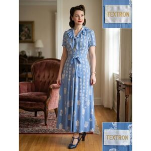 Textron Dresses | Rare 1940s Textron Novelty Print Cold Rayon Dress Blue Clock Wwii Era Hostess | Color: Blue | Size: S