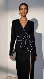 Black Piping Bow Classic V Neck Long Sleeve Sheath Midi Cocktail Dress