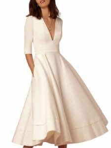 Women Deep V Neck 3/4 Sleeve Paneled Solid Elegant Swing Prom Dress