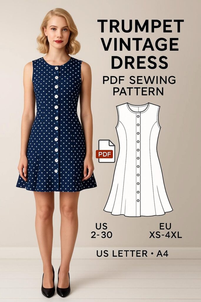 Vintage Button Front Dress Sewing Pattern: Flared Skirt (PDF Digital Download) – Etsy
