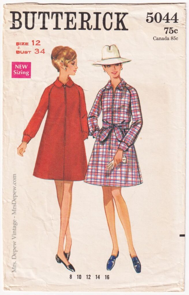 1960s Vintage Sewing Pattern Zipper Front Coat Dress Butterick 5044 34″ Bust