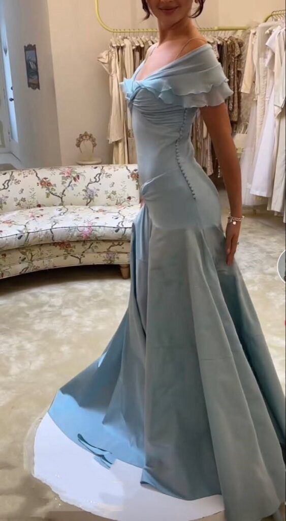 Elegant Blue A-Line Off-Shoulder Long Prom Dresses Vintage Satin Chiffon Formal Evening Dresses – Picture Color / US4