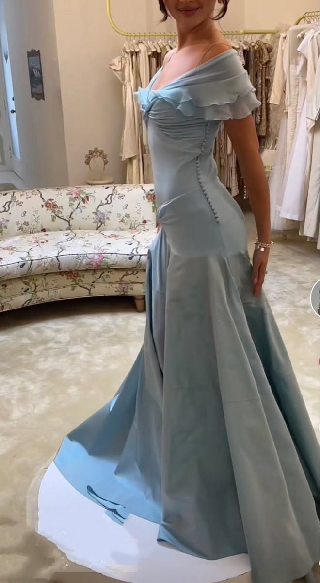 Elegant Blue A-Line Off-Shoulder Long Prom Dresses Vintage Satin Chiffon Formal Evening Dresses – Picture Color / US4