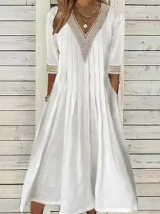 Lace Cotton And Linen Casual Plain Dress