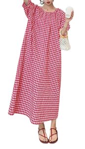 chouyatou Women’s Casual Gingham Loose-Fit Swing Dress Cotton Lantern Puff Sleeve Plaid Midi Long Dress