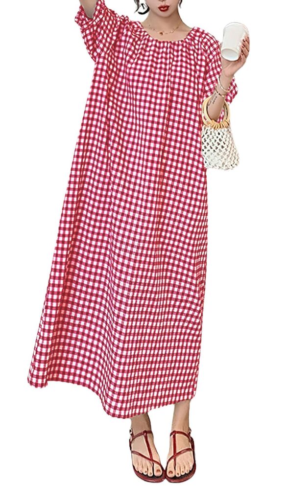 chouyatou Women’s Casual Gingham Loose-Fit Swing Dress Cotton Lantern Puff Sleeve Plaid Midi Long Dress