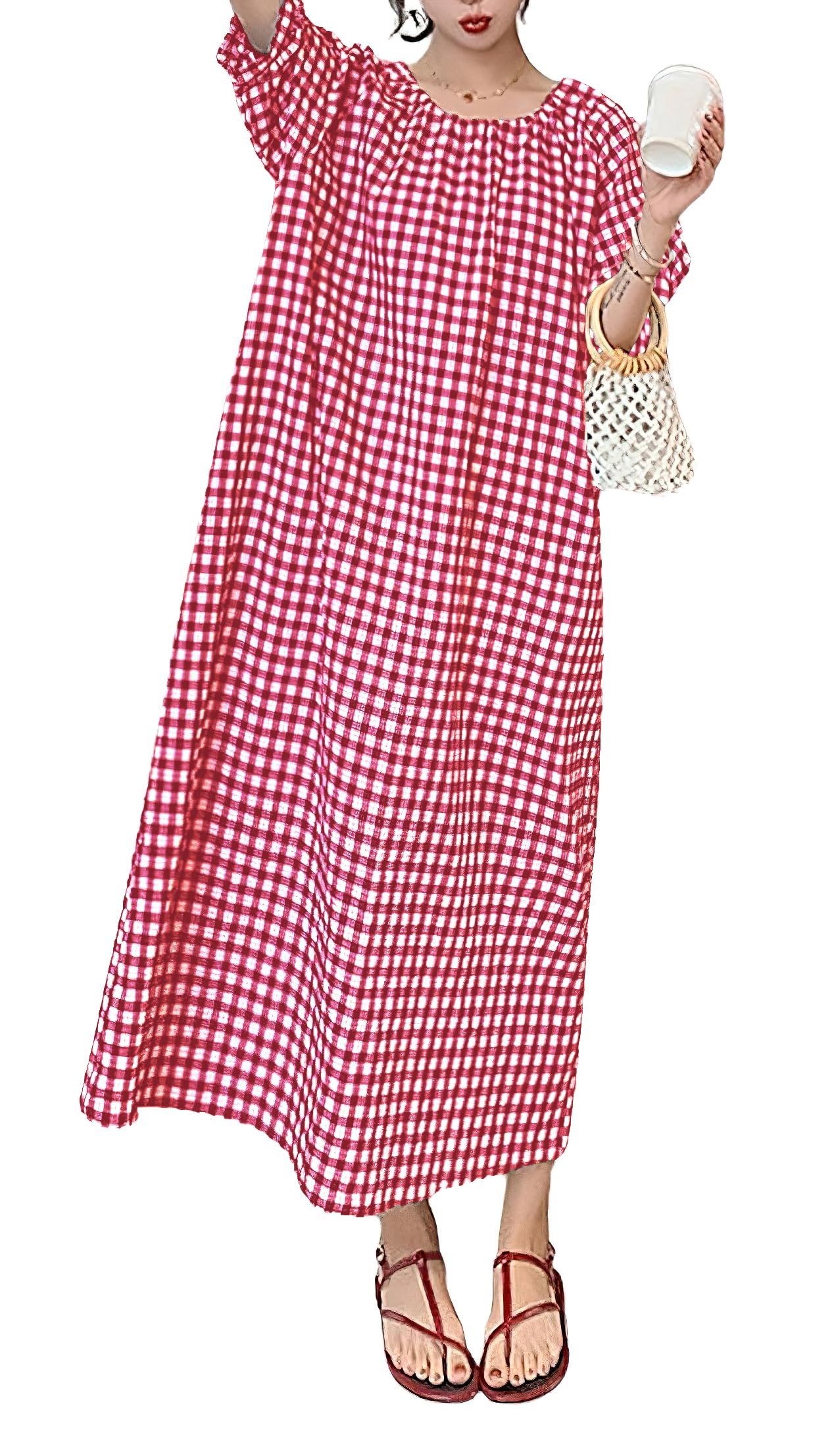 chouyatou Women’s Casual Gingham Loose-Fit Swing Dress Cotton Lantern Puff Sleeve Plaid Midi Long Dress