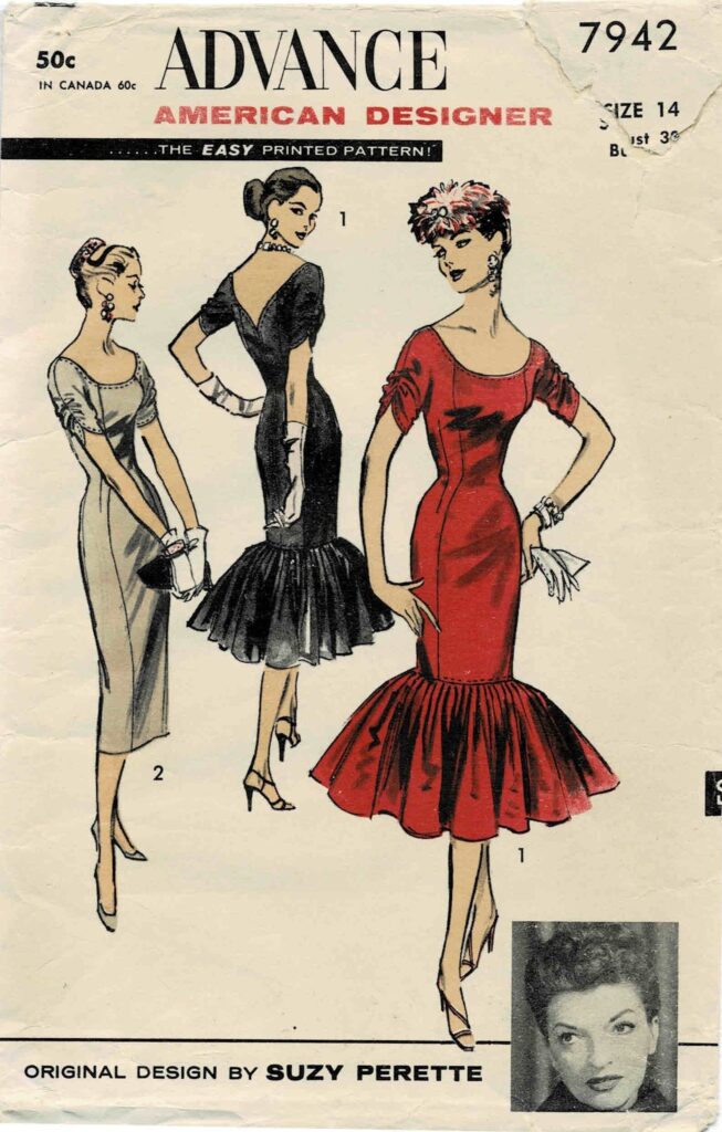 1950s Slim Princess Sheath Evening Cocktail Dress Suzy Perette Advance 7942 Vintage Sewing Pattern Size 14 Bust 32