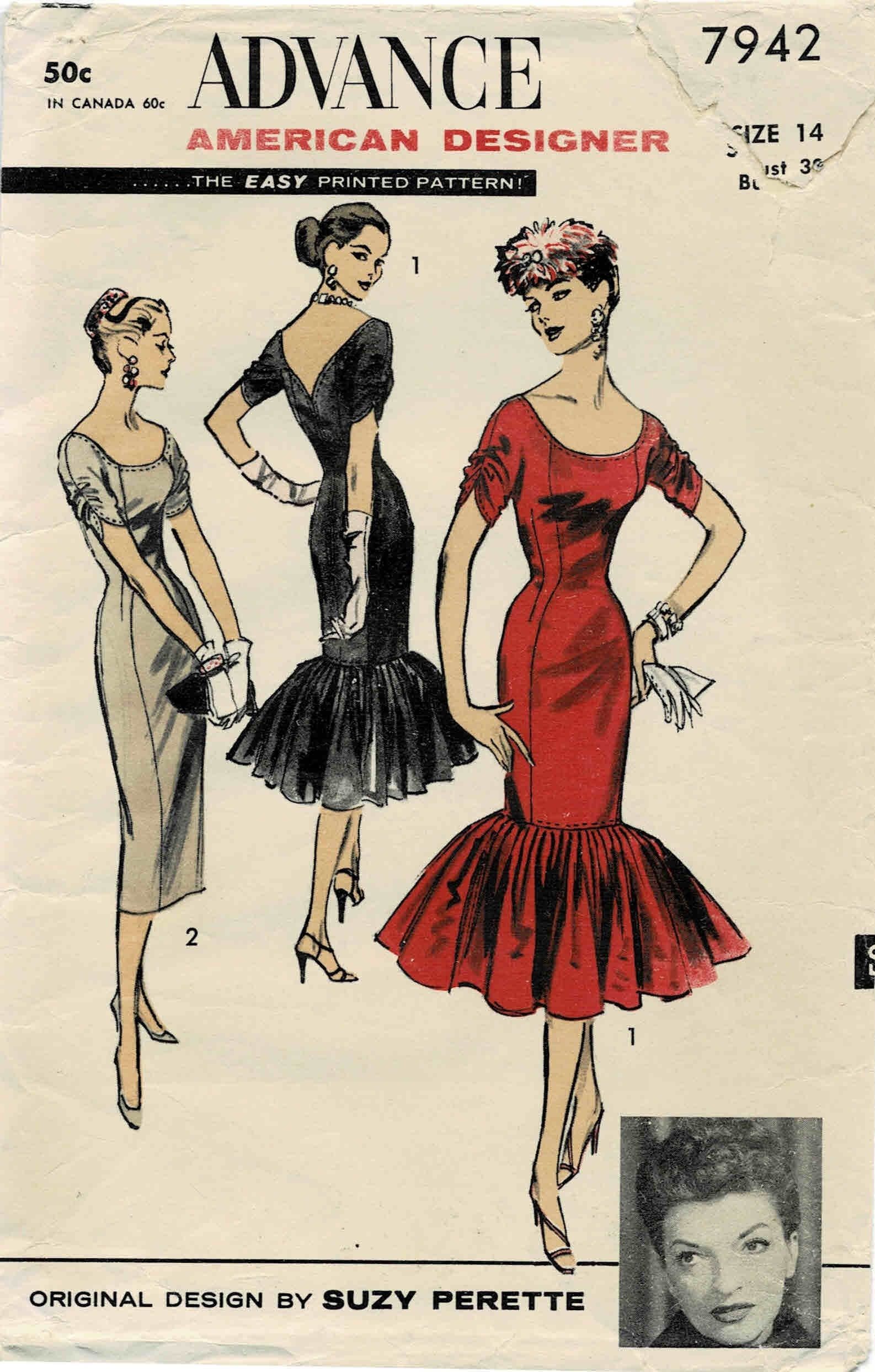 1950s Slim Princess Sheath Evening Cocktail Dress Suzy Perette Advance 7942 Vintage Sewing Pattern Size 14 Bust 32