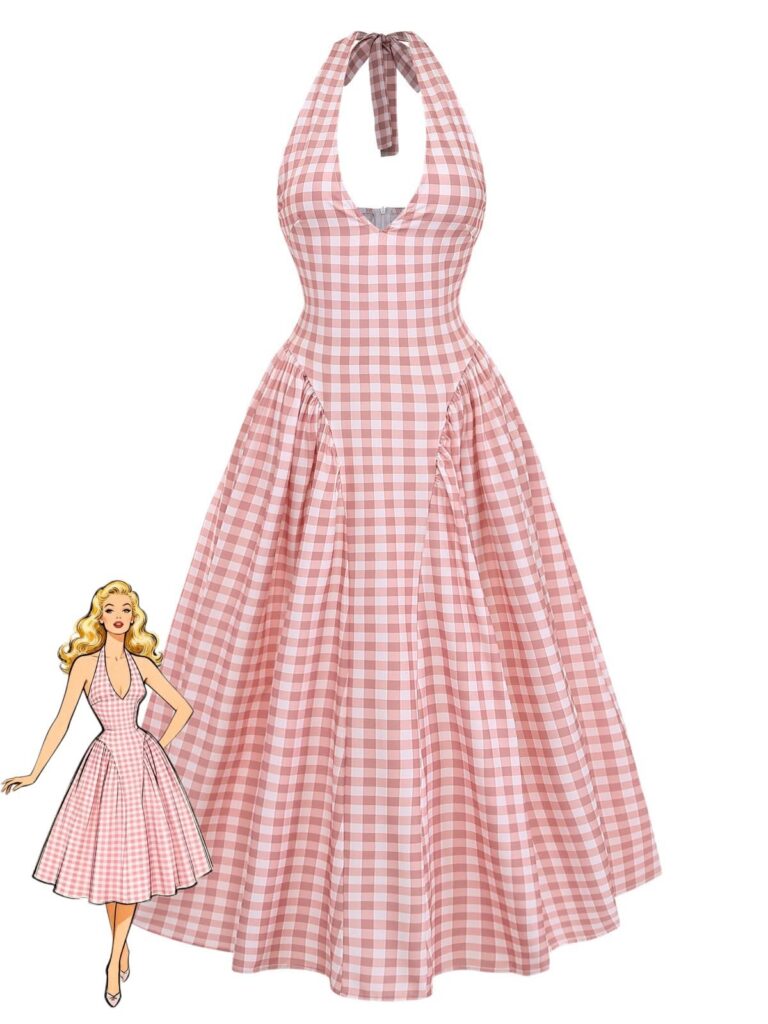 Pink 1940s Gingham V-Neck Sleeveless Flared Maxi Dress – Pink / S
