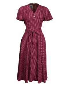 Claret Polka Dot 1940s Style Forties Look Retro Tea Dress