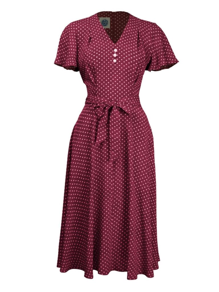 Claret Polka Dot 1940s Style Forties Look Retro Tea Dress