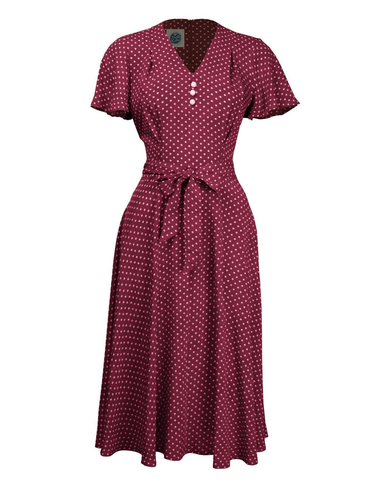 Claret Polka Dot 1940s Style Forties Look Retro Tea Dress