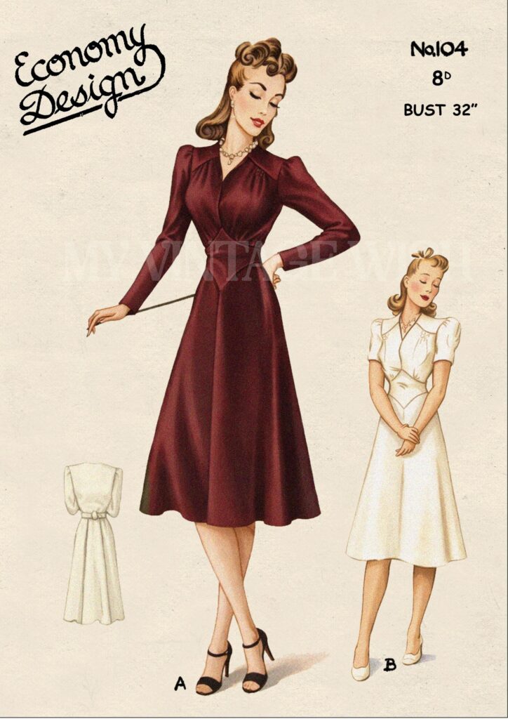 1940 Wartime Tea Kittel fertig gedruckt Schnittmuster Büste 32